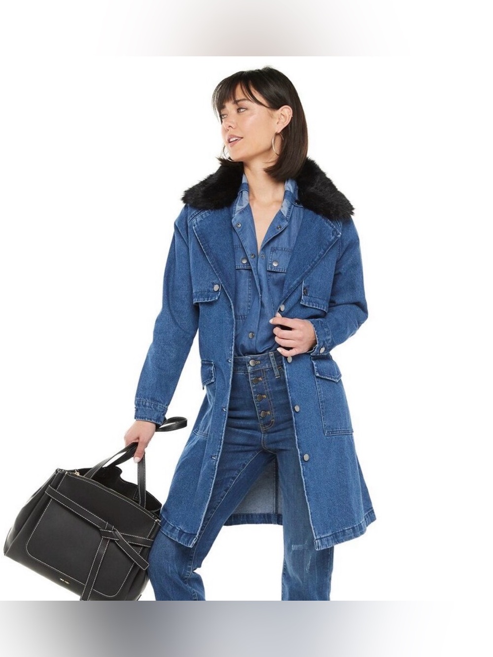 Jennifer Lopez Denim Trench Coat Women’s L Faux Fur Collar Belted NWT